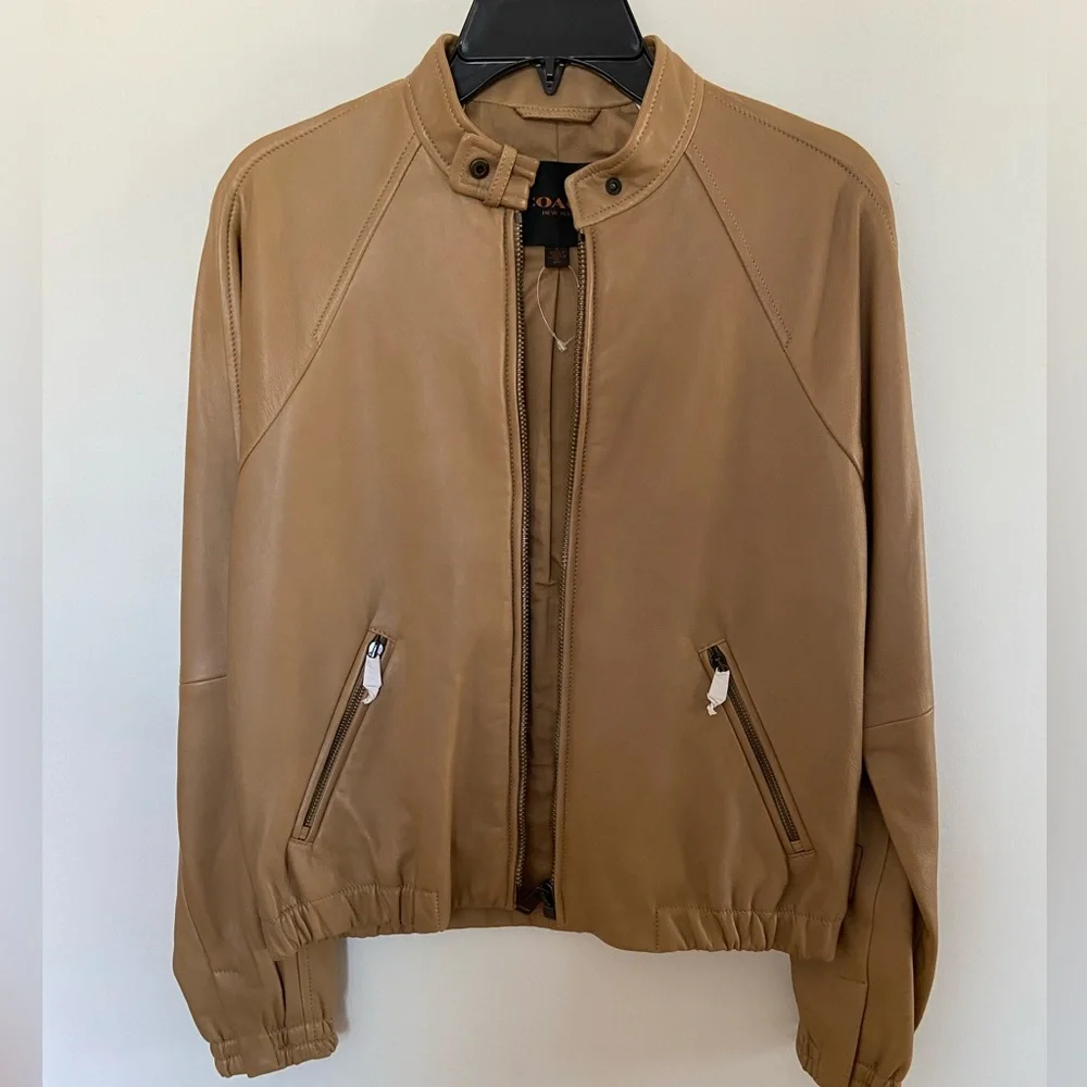 New Coach Women's Soft Leather Zip Jacket Beige / Camel Color  Lightweight